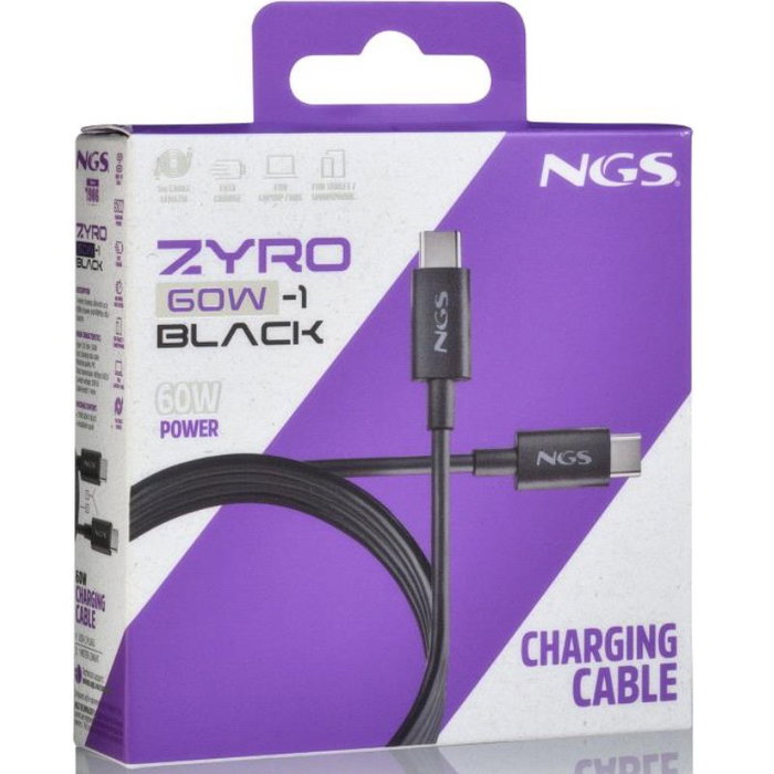 NGS Cable USB-C a USB-C ZYRO 60W-1 de 1m, 60W, Negro